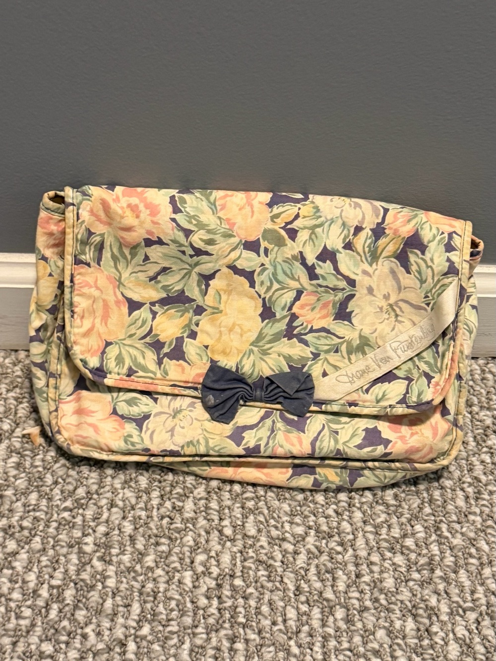 Vintage Floral Fabric Cosmetic Bag with Bow Accent - Beige, Yellow & Navy